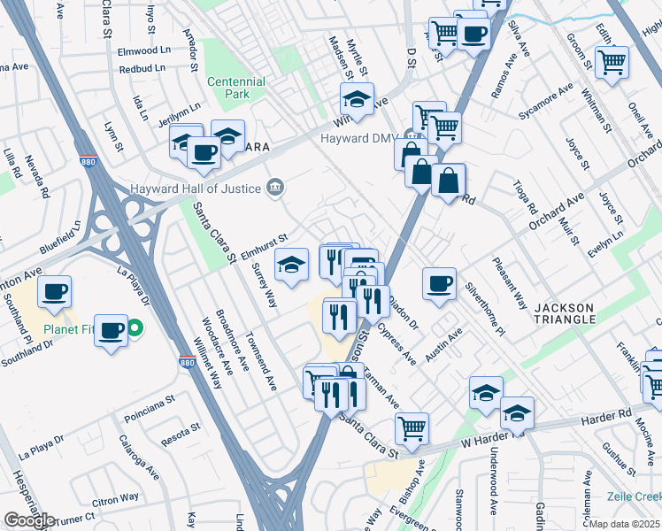 map of restaurants, bars, coffee shops, grocery stores, and more near in Hayward