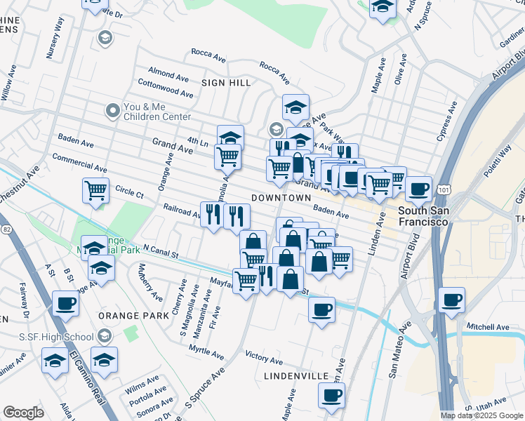 map of restaurants, bars, coffee shops, grocery stores, and more near 527 Commercial Avenue in South San Francisco