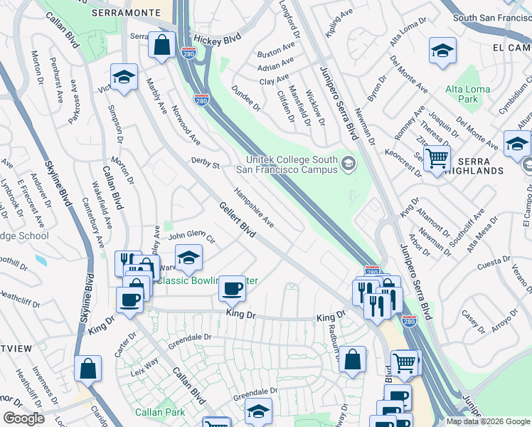 map of restaurants, bars, coffee shops, grocery stores, and more near 137 Hampshire Avenue in Daly City