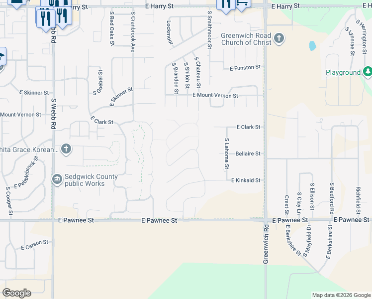 map of restaurants, bars, coffee shops, grocery stores, and more near 2201 South Cranbrook Street in Wichita