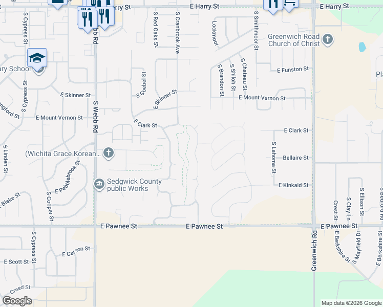 map of restaurants, bars, coffee shops, grocery stores, and more near 2201 South Cranbrook Street in Wichita