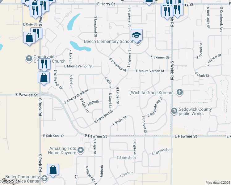 map of restaurants, bars, coffee shops, grocery stores, and more near 2132 S Capri Ln in Wichita