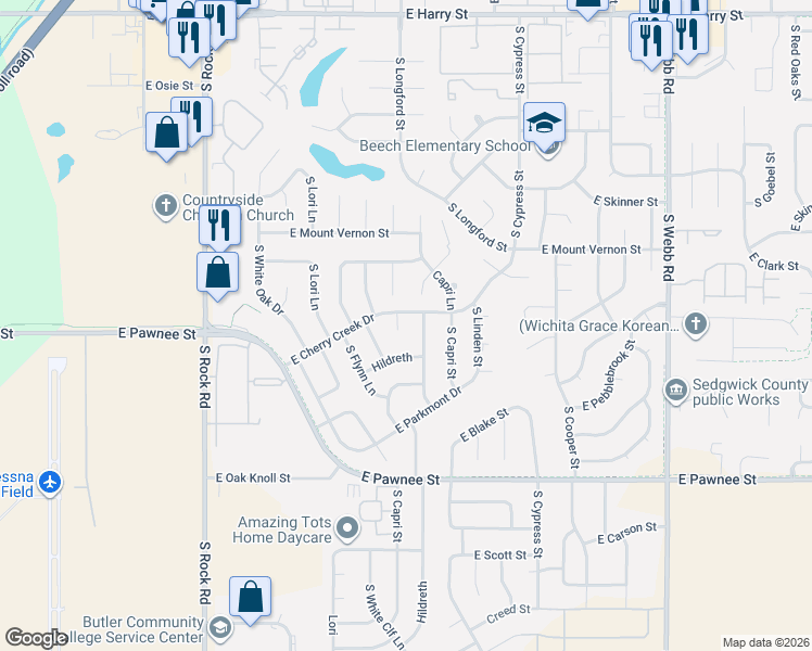 map of restaurants, bars, coffee shops, grocery stores, and more near 2119 S Dalton St in Wichita