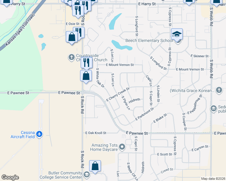 map of restaurants, bars, coffee shops, grocery stores, and more near 2158 South White Oak Drive in Wichita