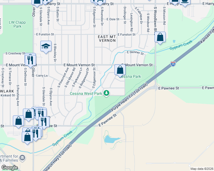 map of restaurants, bars, coffee shops, grocery stores, and more near 5815 Bellaire Street in Wichita