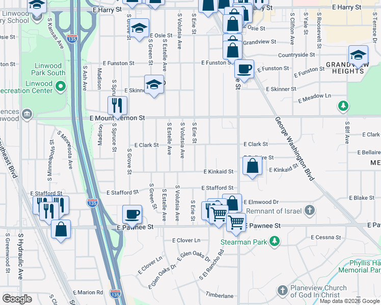 map of restaurants, bars, coffee shops, grocery stores, and more near 2133-2139 South Volutsia Street in Wichita