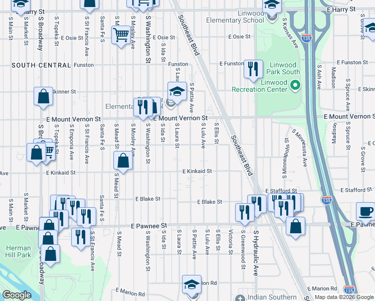 map of restaurants, bars, coffee shops, grocery stores, and more near 2127 South Pattie Street in Wichita