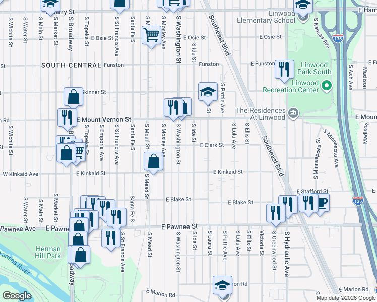map of restaurants, bars, coffee shops, grocery stores, and more near 2128 Washington South in Wichita
