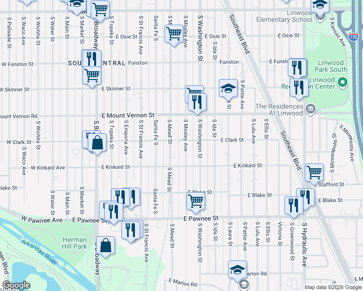 map of restaurants, bars, coffee shops, grocery stores, and more near 2122 South Mosley Street in Wichita