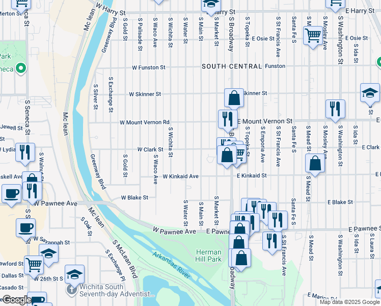 map of restaurants, bars, coffee shops, grocery stores, and more near 2123 South Water Street in Wichita