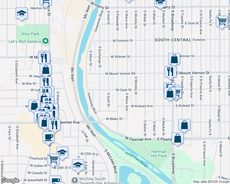 map of restaurants, bars, coffee shops, grocery stores, and more near 2122 S Gold St in Wichita