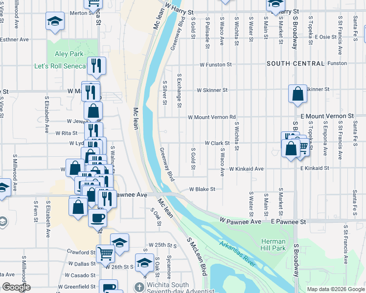 map of restaurants, bars, coffee shops, grocery stores, and more near 2122 South Exchange Street in Wichita