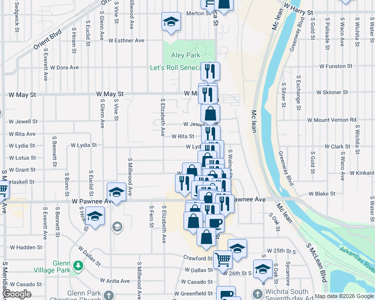 map of restaurants, bars, coffee shops, grocery stores, and more near 1313 West Lydia Street in Wichita
