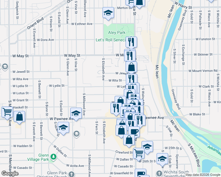 map of restaurants, bars, coffee shops, grocery stores, and more near 1414 W Lotus St in Wichita