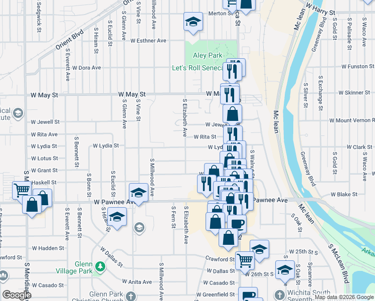 map of restaurants, bars, coffee shops, grocery stores, and more near 2211 South Elizabeth in Wichita