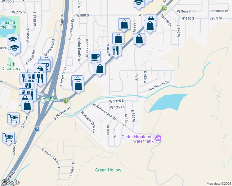 map of restaurants, bars, coffee shops, grocery stores, and more near 722 West 1325 South in Cedar City