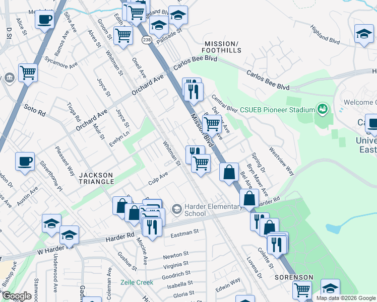 map of restaurants, bars, coffee shops, grocery stores, and more near 25350 Parklane Drive in Hayward