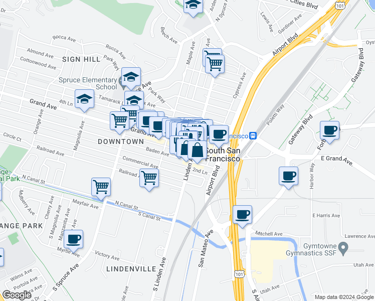 map of restaurants, bars, coffee shops, grocery stores, and more near 318 3rd Lane in South San Francisco