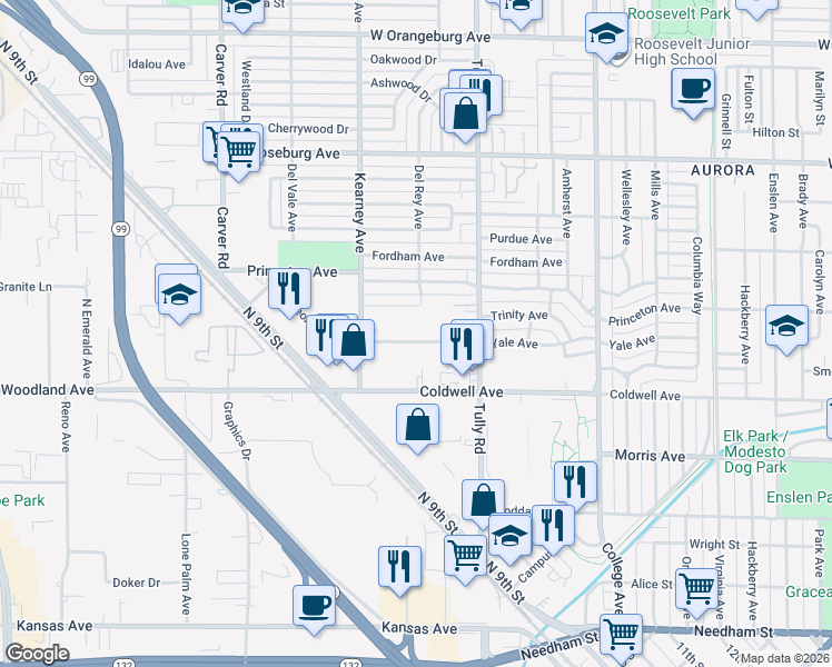 map of restaurants, bars, coffee shops, grocery stores, and more near 1340 Leonard Avenue in Modesto