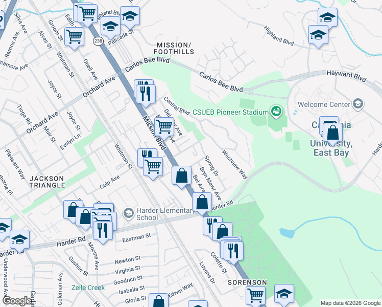 map of restaurants, bars, coffee shops, grocery stores, and more near 959 Torrano Avenue in Hayward