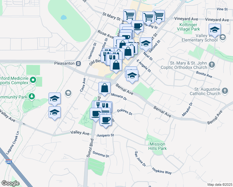 map of restaurants, bars, coffee shops, grocery stores, and more near 100 Monaco Court in Pleasanton