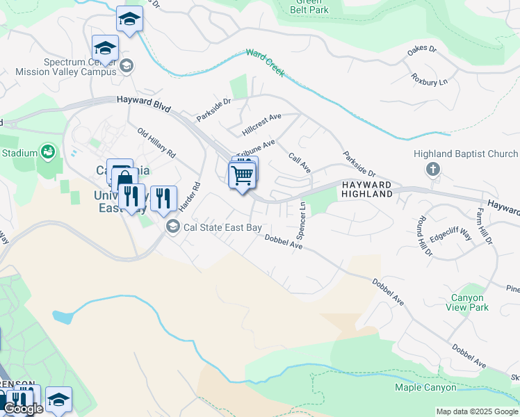 map of restaurants, bars, coffee shops, grocery stores, and more near 26815 Hayward Boulevard in Hayward