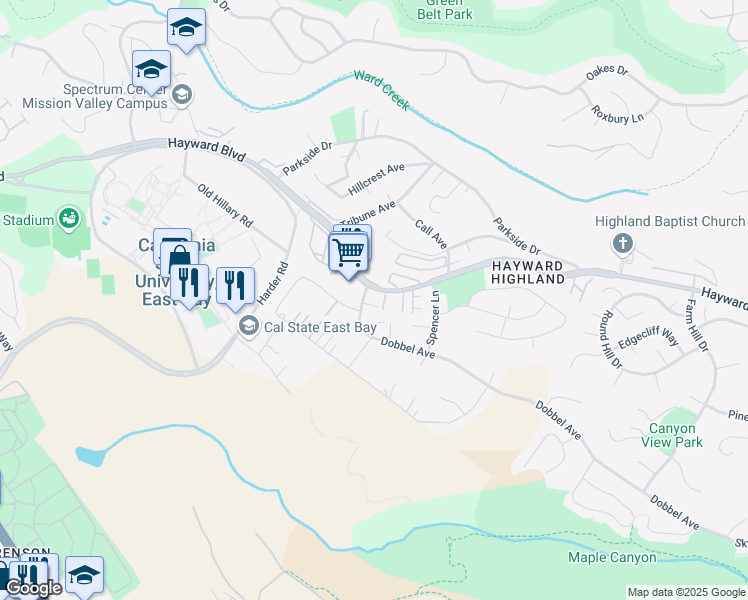 map of restaurants, bars, coffee shops, grocery stores, and more near 26839 Hayward Boulevard in Hayward