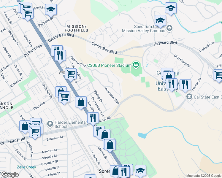map of restaurants, bars, coffee shops, grocery stores, and more near 1105 Central Boulevard in Hayward