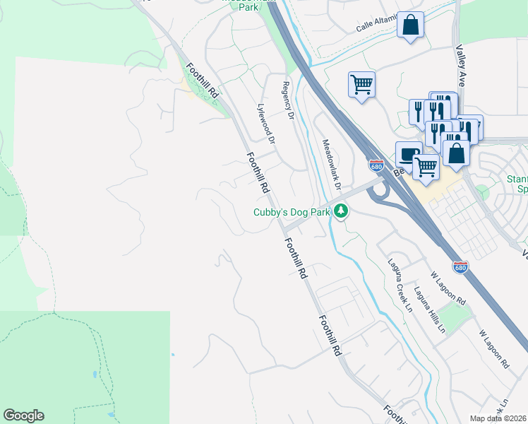 map of restaurants, bars, coffee shops, grocery stores, and more near 2744 Foothill Road in Pleasanton