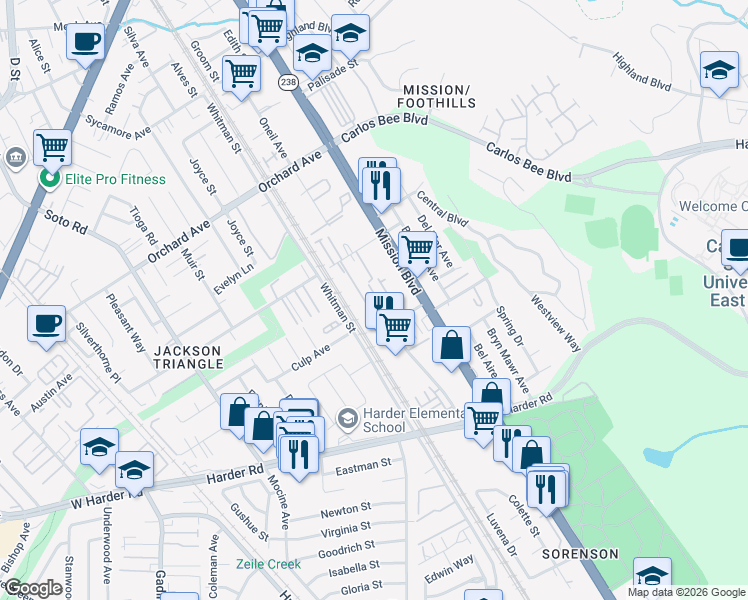 map of restaurants, bars, coffee shops, grocery stores, and more near 25426 Parklane Drive in Hayward
