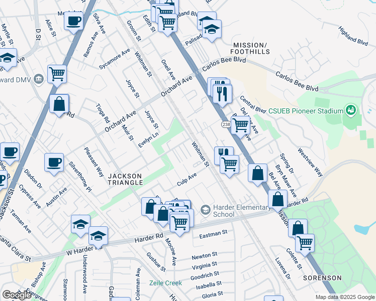 map of restaurants, bars, coffee shops, grocery stores, and more near 25455 Whitman Street in Hayward