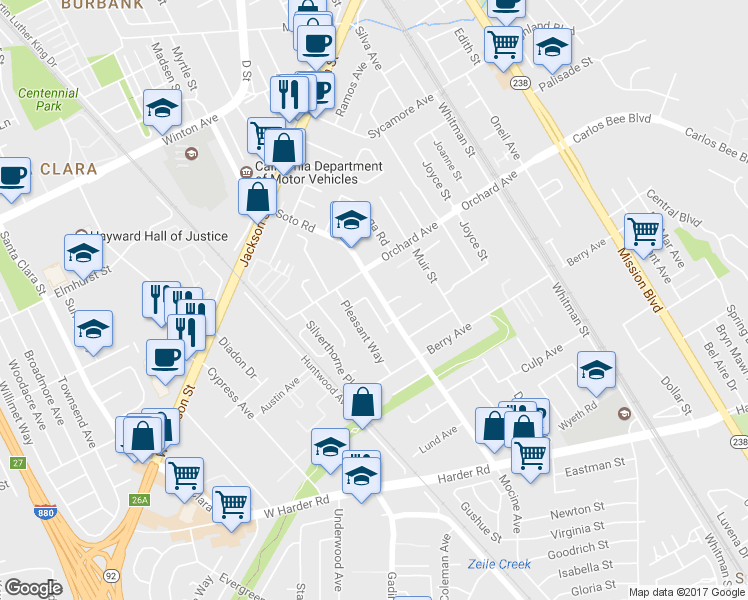 map of restaurants, bars, coffee shops, grocery stores, and more near 25001 Fuji Way in Hayward