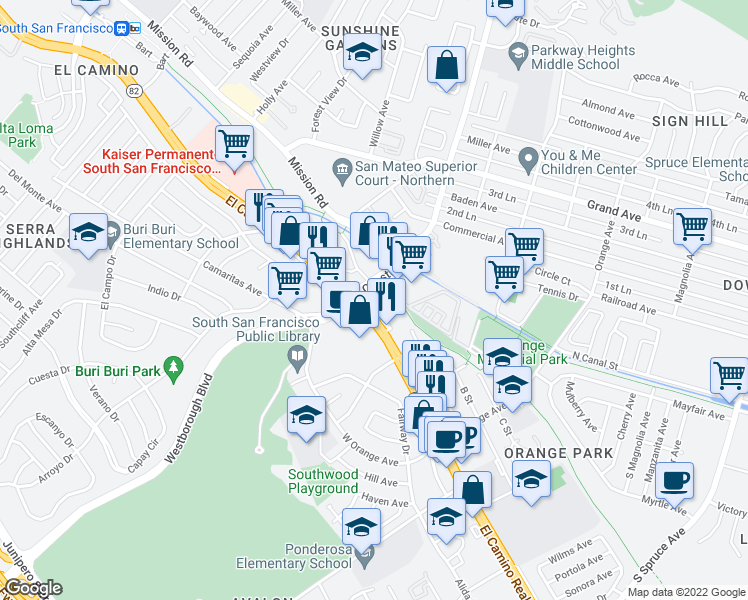 map of restaurants, bars, coffee shops, grocery stores, and more near 988 El Camino Real in South San Francisco