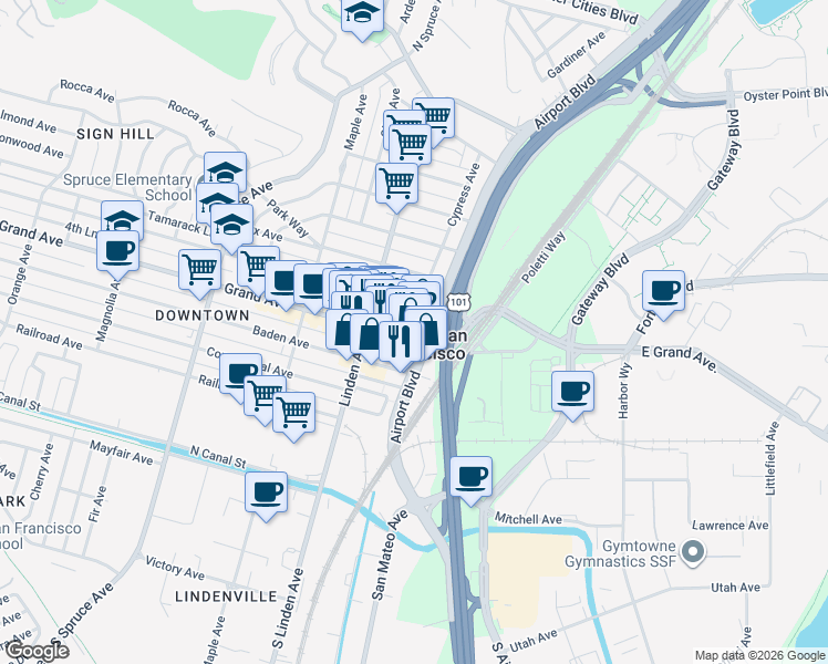map of restaurants, bars, coffee shops, grocery stores, and more near 207 Grand Avenue in South San Francisco