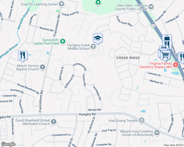 map of restaurants, bars, coffee shops, grocery stores, and more near 4709 Tameo Court in Glen Allen