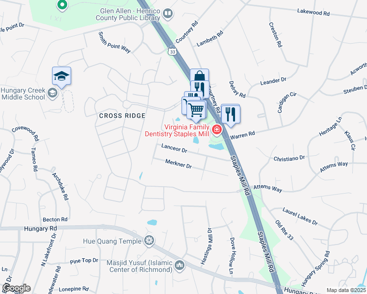 map of restaurants, bars, coffee shops, grocery stores, and more near 3406 Lanceor Drive in Glen Allen