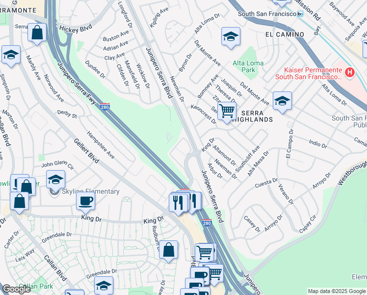 map of restaurants, bars, coffee shops, grocery stores, and more near 500 King Drive in Daly City