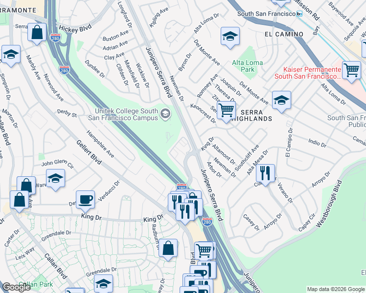 map of restaurants, bars, coffee shops, grocery stores, and more near 500 King Drive in Daly City