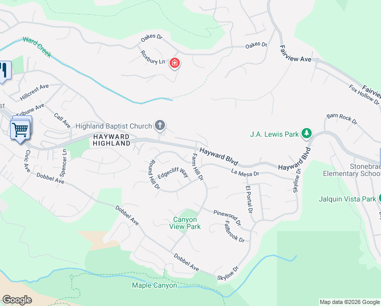 map of restaurants, bars, coffee shops, grocery stores, and more near 27734 Fallen Leaf Court in Hayward