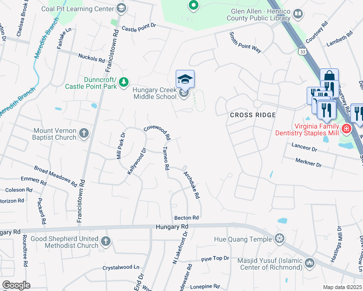 map of restaurants, bars, coffee shops, grocery stores, and more near 4709 Tameo Court in Glen Allen
