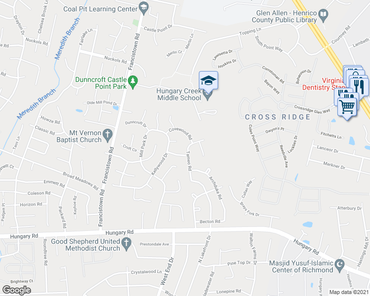 map of restaurants, bars, coffee shops, grocery stores, and more near 4720 Tameo Road in Glen Allen