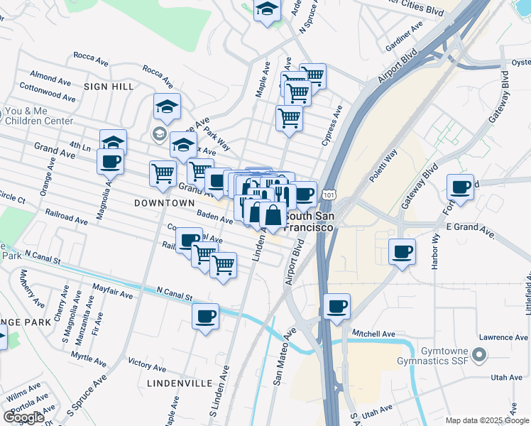 map of restaurants, bars, coffee shops, grocery stores, and more near 205 Linden Avenue in South San Francisco