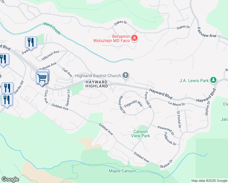 map of restaurants, bars, coffee shops, grocery stores, and more near 3237 Harvest Court in Hayward