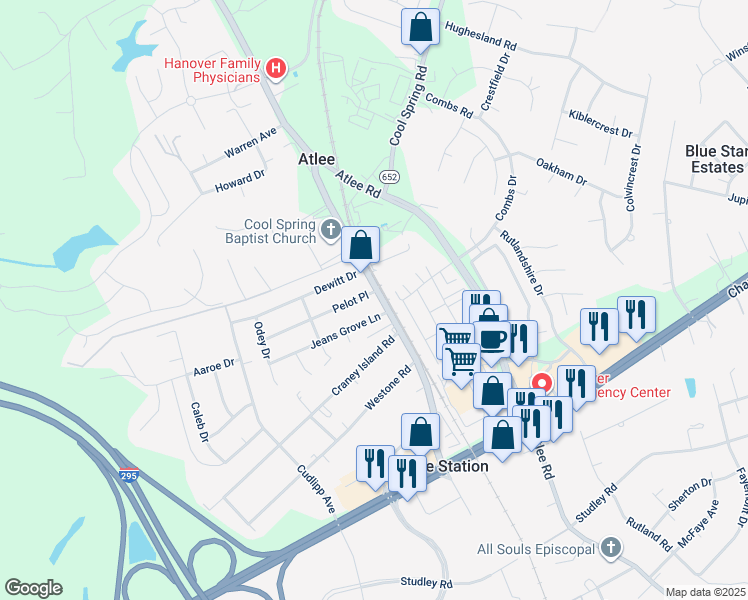 map of restaurants, bars, coffee shops, grocery stores, and more near 9023 Pelot Place in Mechanicsville