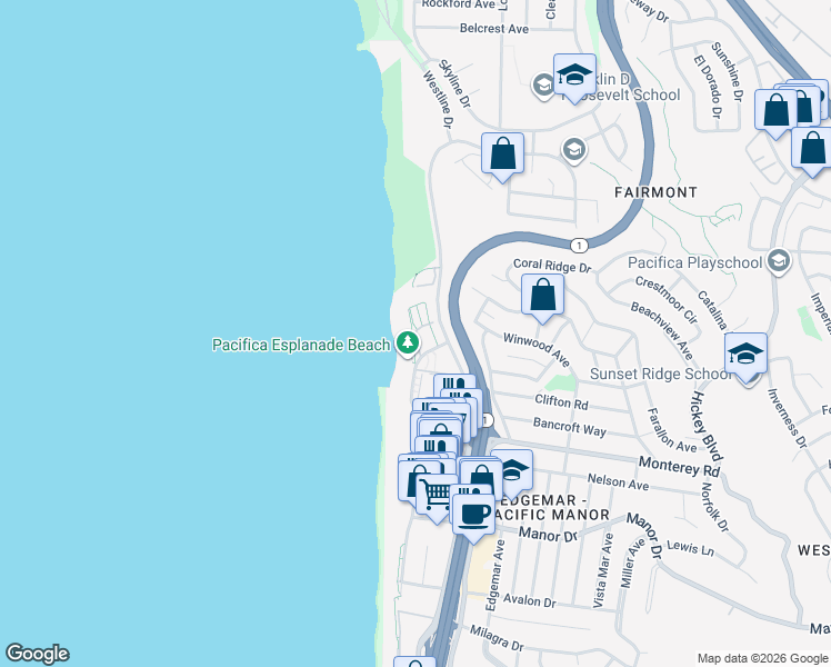 map of restaurants, bars, coffee shops, grocery stores, and more near 2 Esplanade Avenue in Pacifica