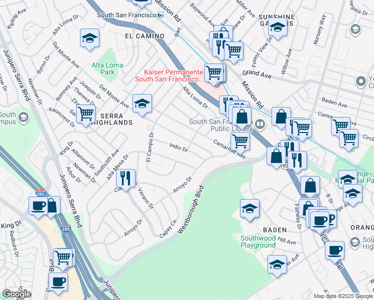 map of restaurants, bars, coffee shops, grocery stores, and more near Indio Drive in South San Francisco