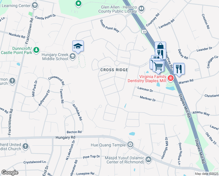 map of restaurants, bars, coffee shops, grocery stores, and more near 3513 Whelford Way in Glen Allen