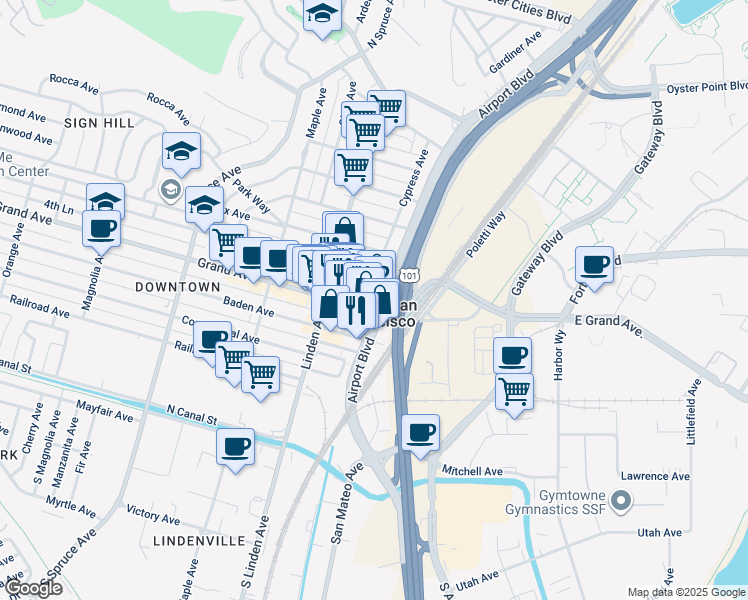 map of restaurants, bars, coffee shops, grocery stores, and more near in South San Francisco