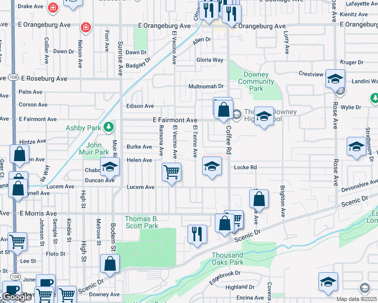 map of restaurants, bars, coffee shops, grocery stores, and more near 725 El Camino Avenue in Modesto
