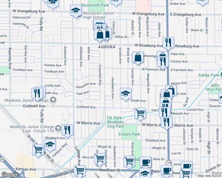 map of restaurants, bars, coffee shops, grocery stores, and more near 719 Hackberry Avenue in Modesto